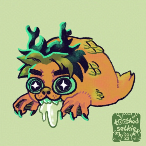 I Froth. This drawing features Selkie's sealsona, a really chunky seal with antlers, clawed front flippers, green hair, and scales. She is drooling a lot.
