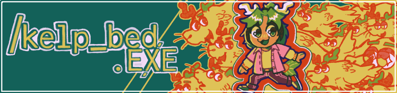 Site banner for kelp bed dot exe. On the right side is a chibi version of Selkie as an orange antlered seal-person ambling along while a horde of antlered seals swim in the background.